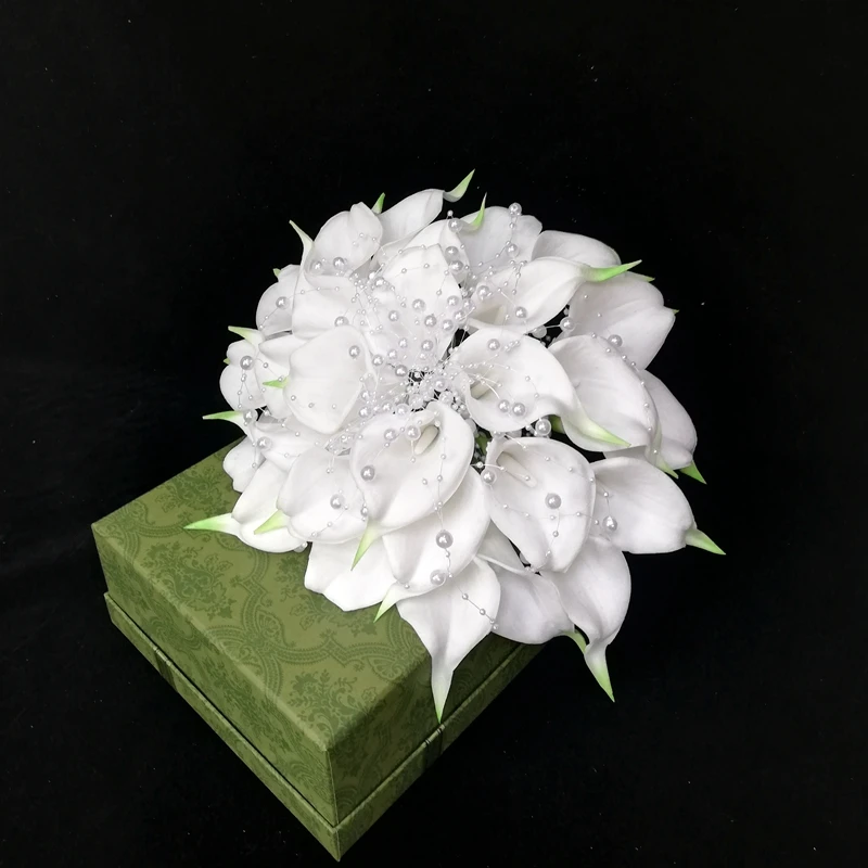 New In Whitney WB110 Elegant Calla lilies with White Pearls Chain Wedding Bouquet for bride