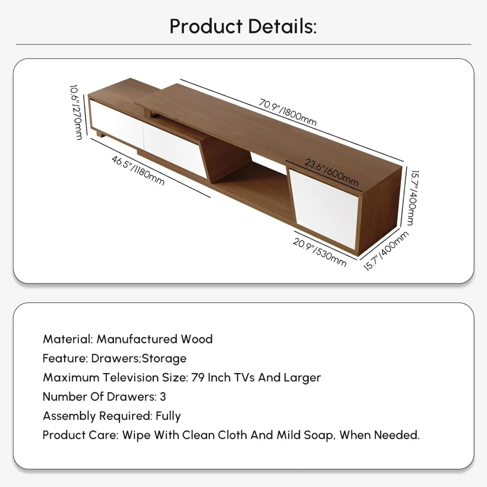 Extendable TV Stand with 3 Drawers Minimalist Rectangle Entertainment Center Walnut TV Console Table Up to 110" 2