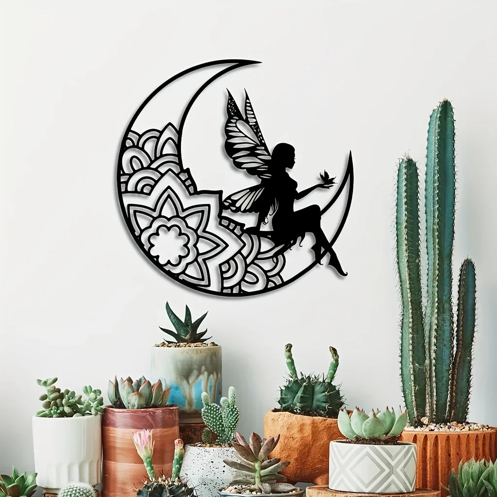 

CIFBUY Decoration Moon Fairy Metal Wall Hanging Signs Plaque Fairy Metal Art 3D Hollow Metal Silhouette Room Outdoor Home Decor