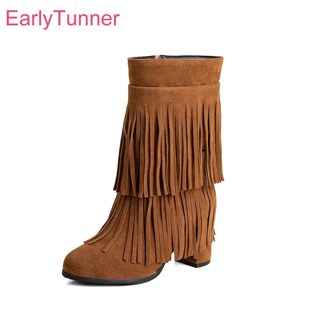 

2023 New Winter Glamour Brown Red Women Mid Calf Tassel Boots Sexy High Heels Lady Shoes Plus Small Big Size 33 12 43 46 48