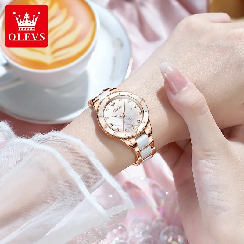 OLEVS Watches for Women Waterproof Ceramic Strap Women's Watch Luxury Diamond Inlay Luminous Dial Calendar Original Quartz Watch 4