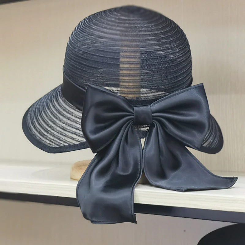 

2023 New Japanese style PP silk breathable satin cloth bow back split basin hat fisherman's hat beach fashion straw hat female