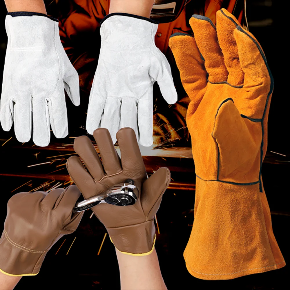 Mechanic Work Mens Gloves Welding Leather Electrician Gloves Professional Cowhide Security Industrial Protection