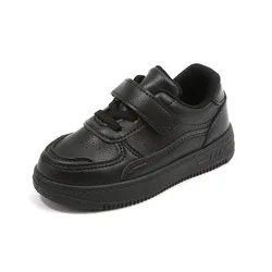 Kids' White Leather Sports Sneakers - Soft Sole Casual Board Shoes - 24(15.5cm) (Black)