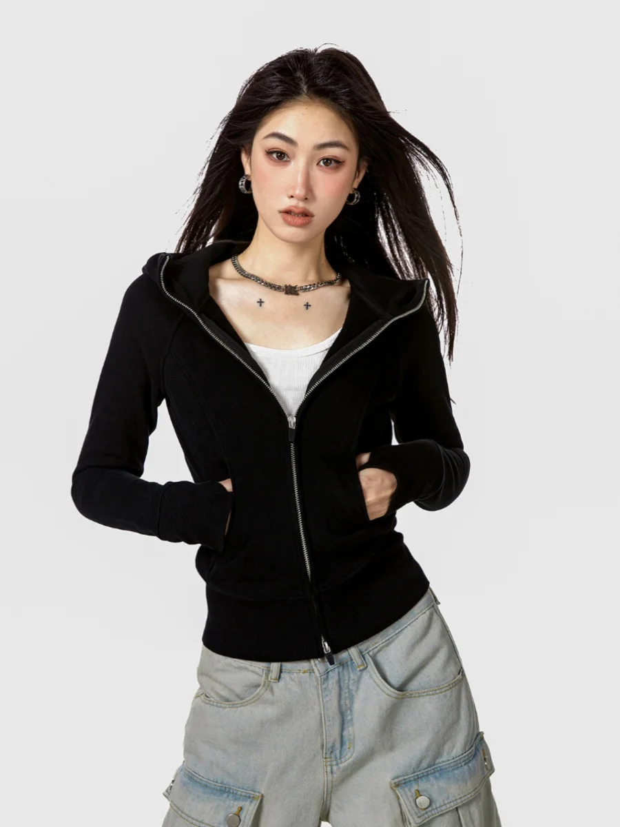 Slim and thin sweet and cool versatile hooded short sweater solid color American basic casual jacket women's autumn 3