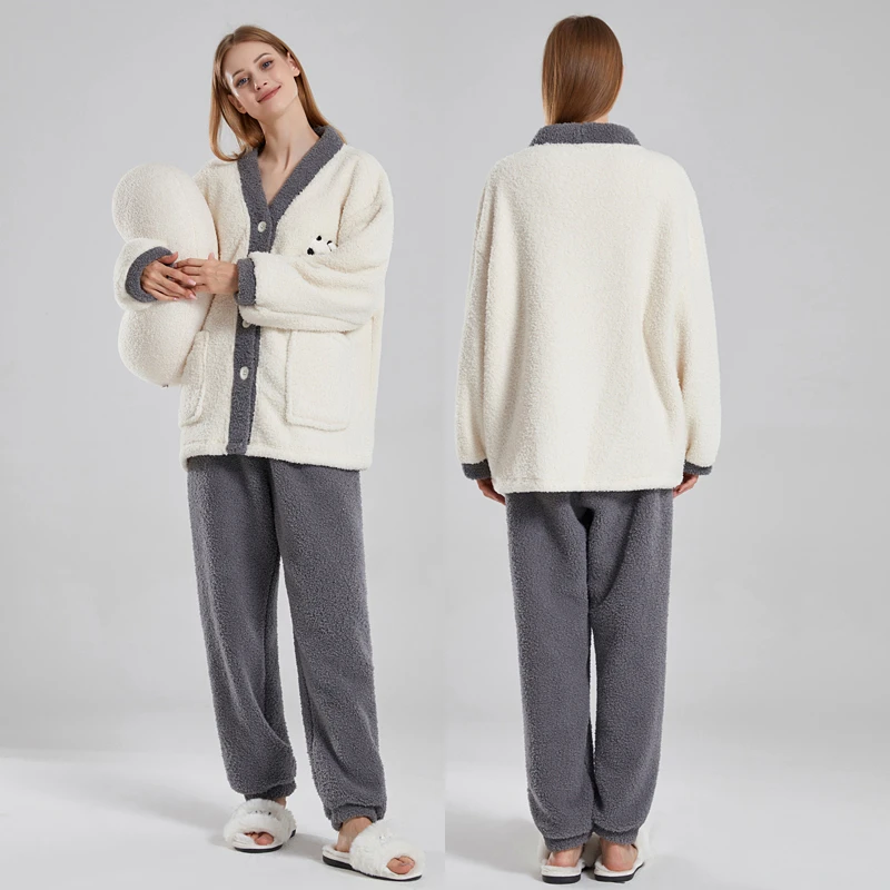 Winter Couple Sleepwear Men Warm Women Pajama Sets Coral Fleece Pijama Mujer Pyjama Pour Femme Cartoon Panda Nightwear Homewear