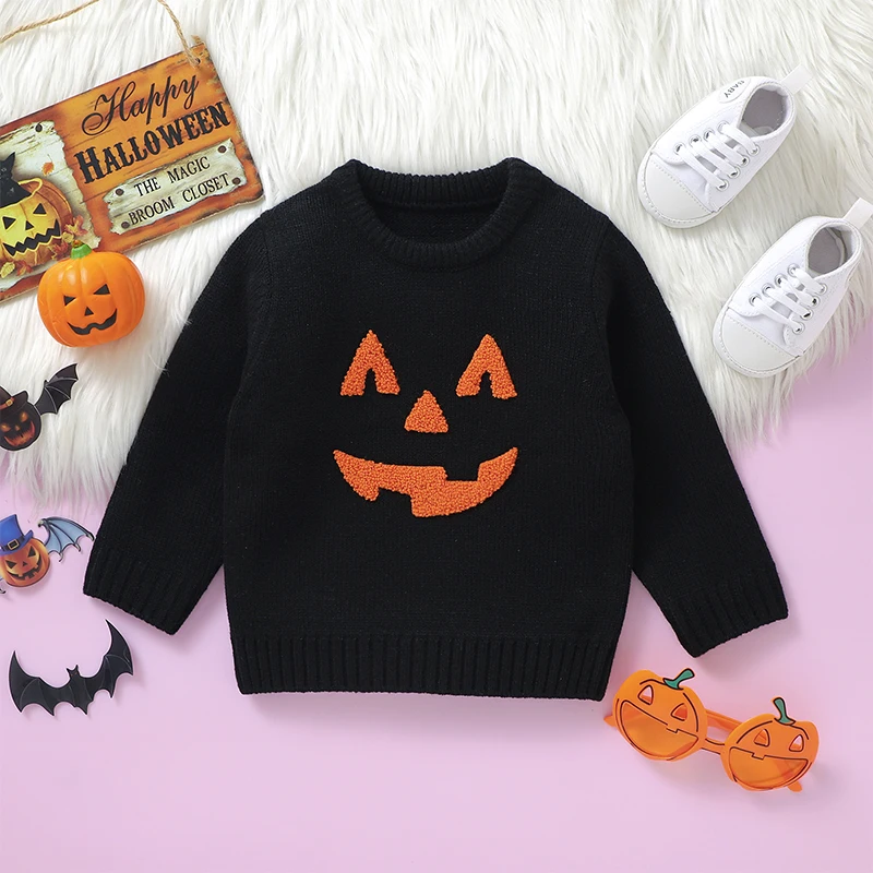 VISgogo Toddler Boys Girls Halloween Sweaters Witch Pumpkin Long Sleeve Round Neck Ribbed Knitted Pullover Fall Winter Clothes