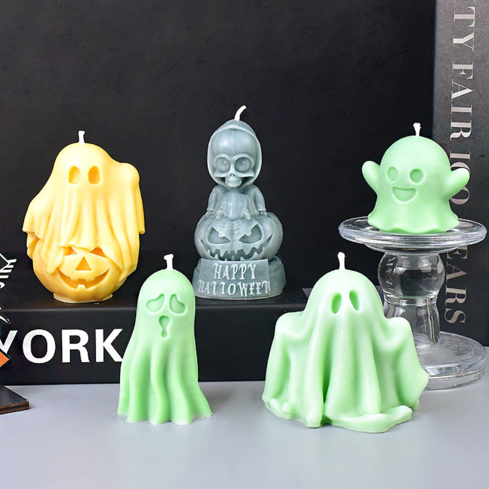 Description Picture 4 of itemCartoon Pumpkin Ghost Plaster Doll Mold Skull Terror Zombie Candle Soap Silicone Mould Hands Up Apparition Halloween Party Decor