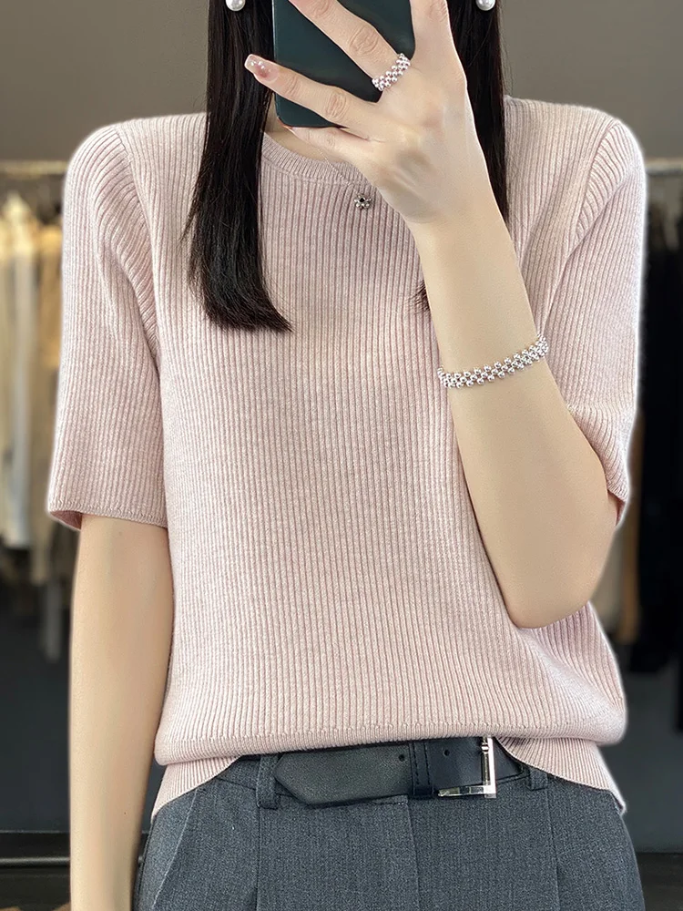 

New Spring and Summer Worsted Wool Women's Clothing Fashion Office Soft Thin Round Neck Knitted T-Shirt Short Sleeve Top