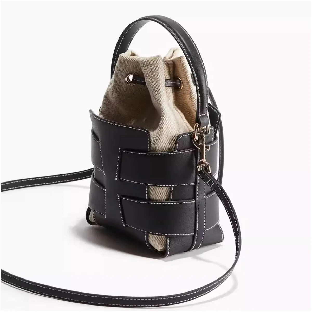 French Style Soft Pu Leather Woven Hollow Out Bucket Bag 2025  New Trend Small Top-Handle Handbag Travel Vacation Beach Bag