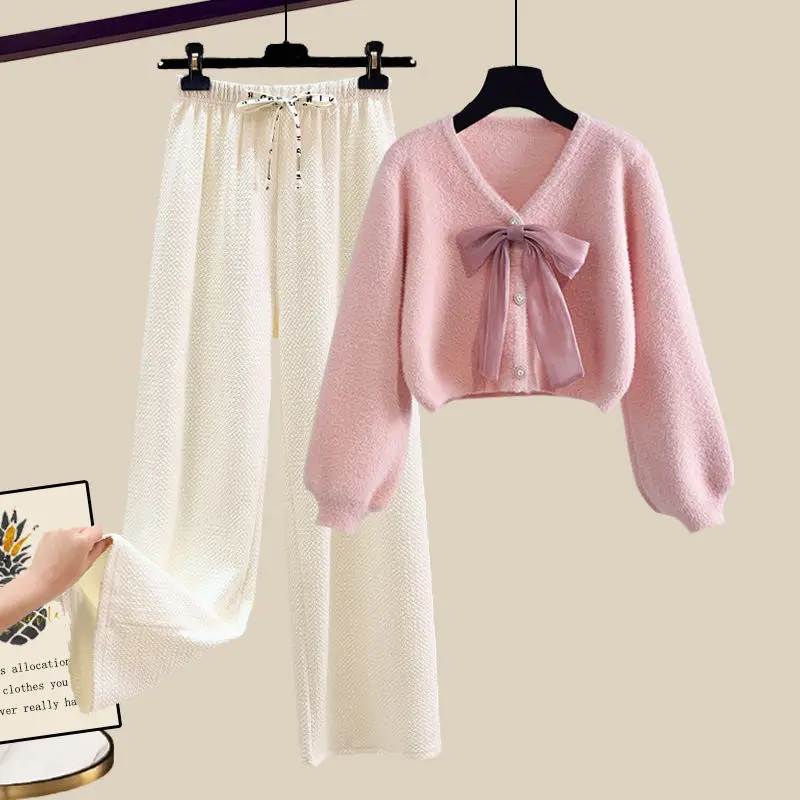 Korean Style Bow Knit Sweater Cardigan Casual Wide Leg Pants Two-piece Elegant Women\'s Pants Set Winter Tracksuit