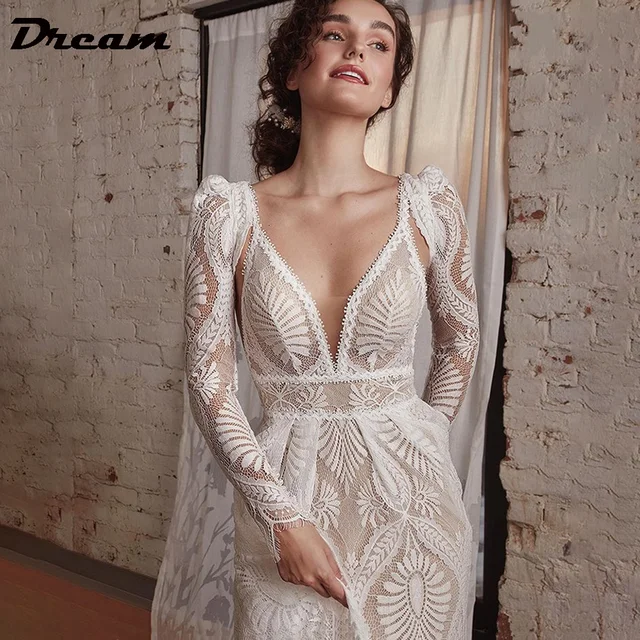 DREAM Customized Spaghetti Straps Lace Wedding Dress Elegant Long Sleeve Backless V Neck A Line Bridal Gown Sweep Train 2025 1