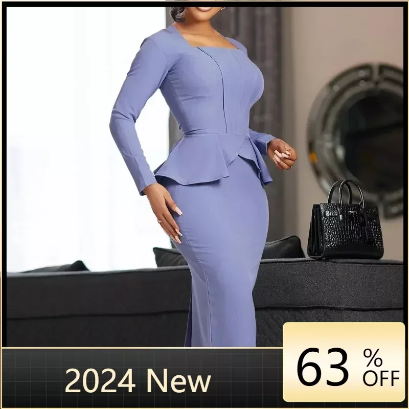 

Peplum Dresses for Women Square Collar Long Sleeves Ruffles Empire Package Hip Bodycon Graceful Party Commute Midi Vestidos New