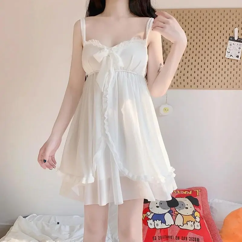Elegant Sweet Simple Solid White Women Robe Gown Sets Chic Lace Bow Mesh Sleepwear Breathable Slim Nightdress 5