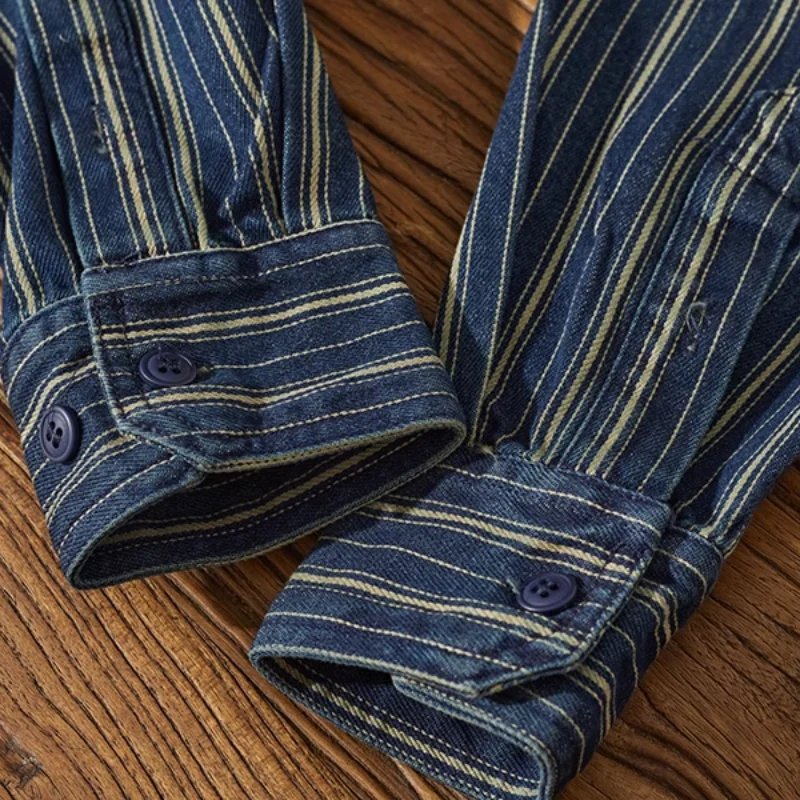 Denim Shirt Vintage vertical stripe denim shirt with heavy Aimi khaki cargo wash to make old men's coat