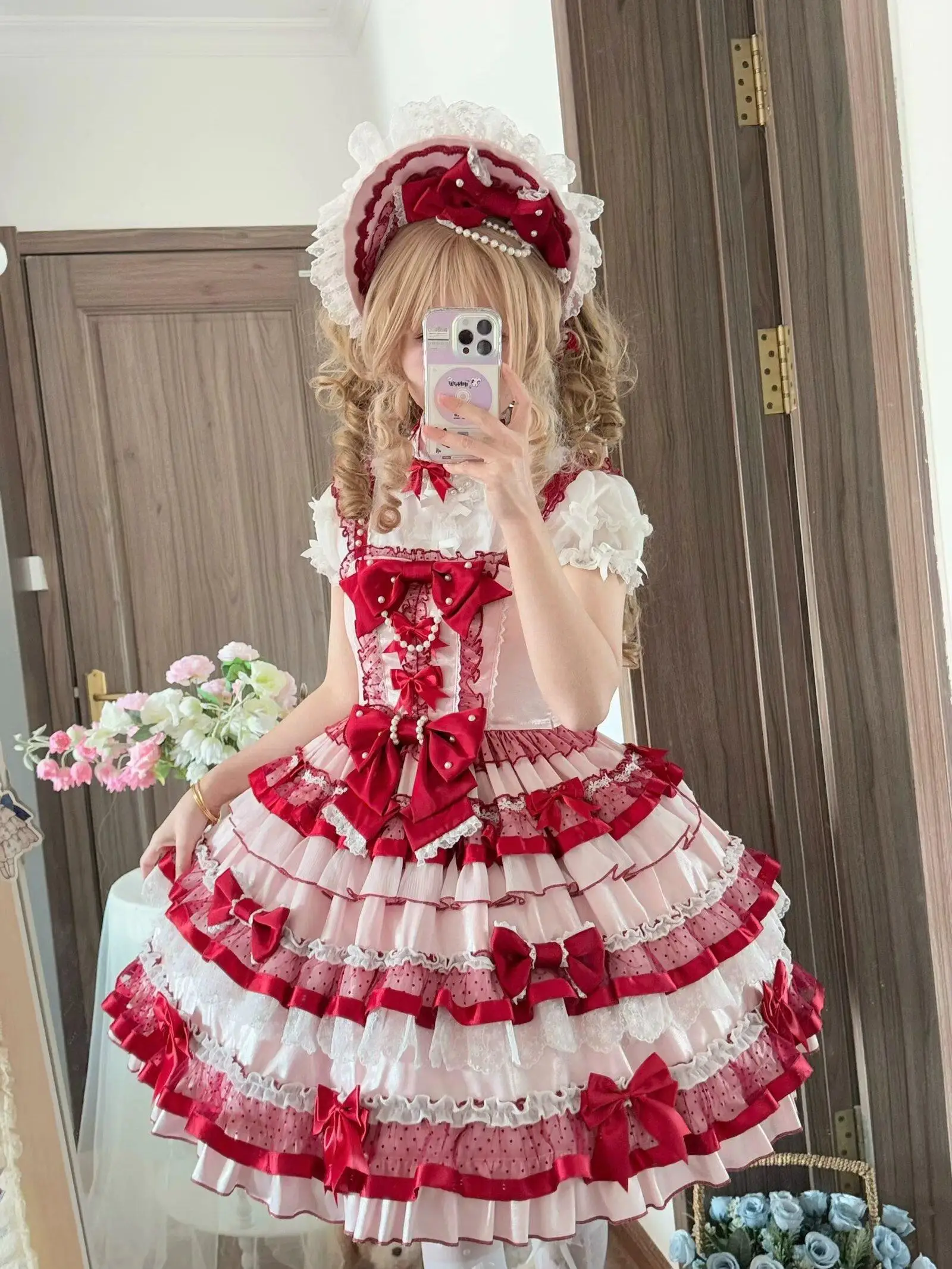 Original Lolita Red Birthday Dress Jsk Girl's Sweet Cute Bow Lace