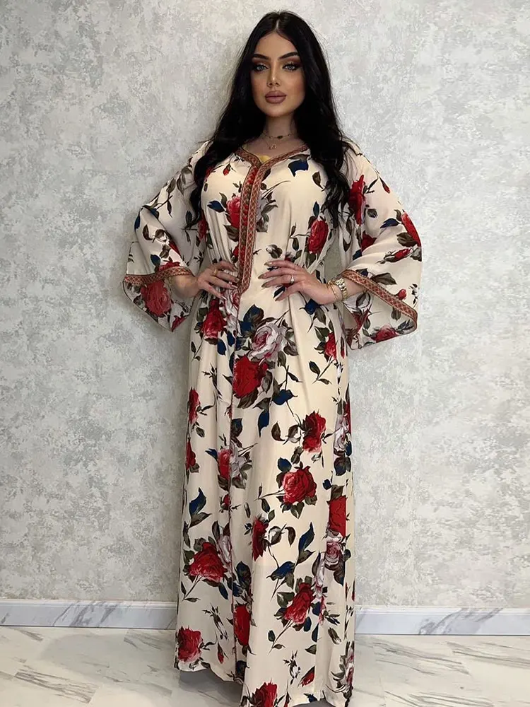 Floral Jalabiya Arabic Long Dress Women Printed Moroccan Casual Kaftan Muslim Daily Robe Dubai Saudi Gulf Jellaba Abaya 2022