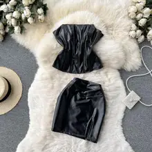 

Women Fluorescent Green Club Sets Skirts Woman Strapless Top Female Crop Top Summer Suits Vintage High Waist Split Skirt New