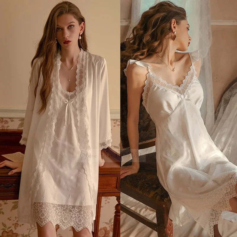 Women Dress Women Sleepwear Bride Robes White Lace Bride Bridesmaid Wedding Robe Set Women Summer Sleepwear Kimono Bathrobe Gown Loose Casual Sleep Suit Sexy Home Dress