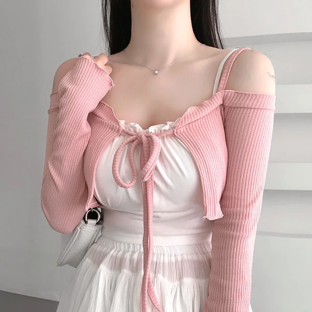 Fashion Pink Sexy Women's Off Shoulder Lace Up Coats Korea Spring Summer New Sweet Cardigan Short Slim Sweater Straps Crop Top 1