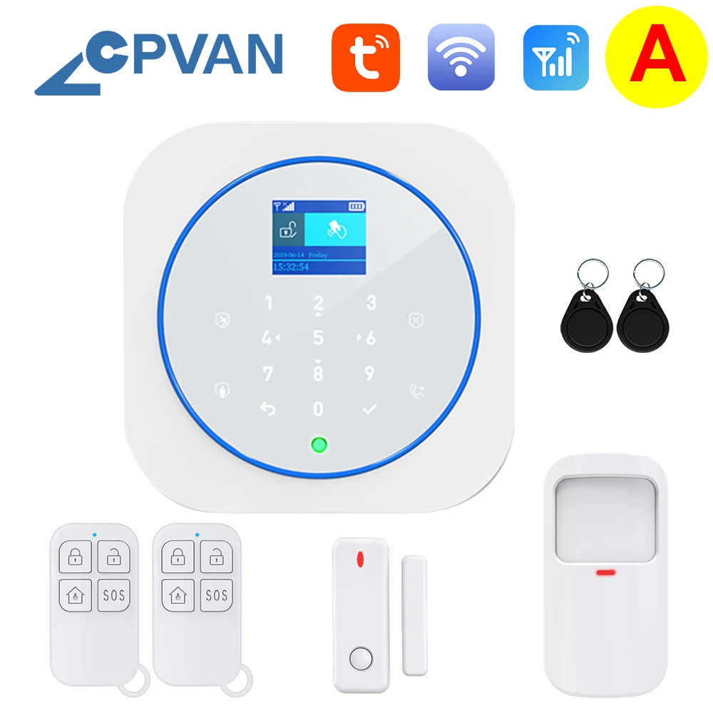 CPVAN Wireless Smart Home GSM Security Alarm System With PIR Motion Detector Door Sensor Alexa Compatible App Control emergency buzzer for elderly Alarms & Sensors