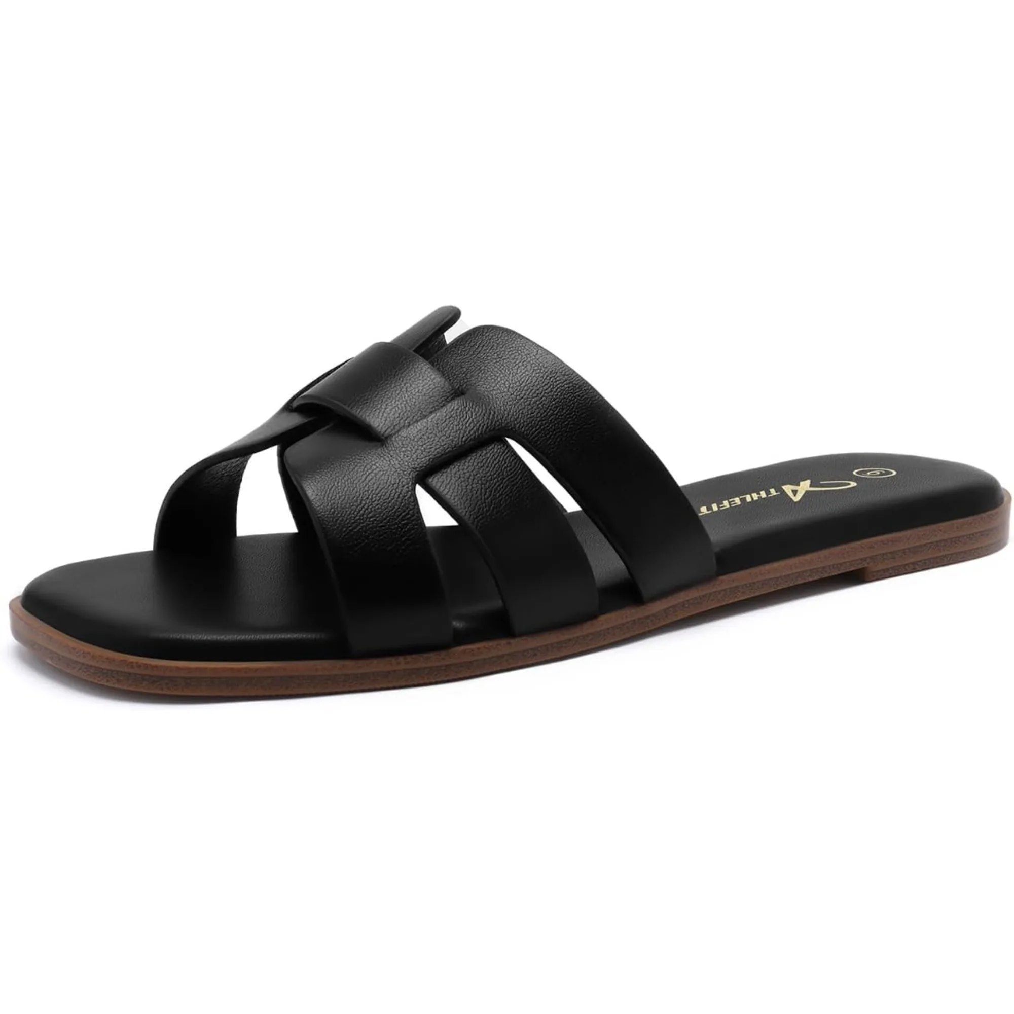 Women's Flat Sandals Dressy Summer Square Open Toe Slip On Leather Slide Sandals