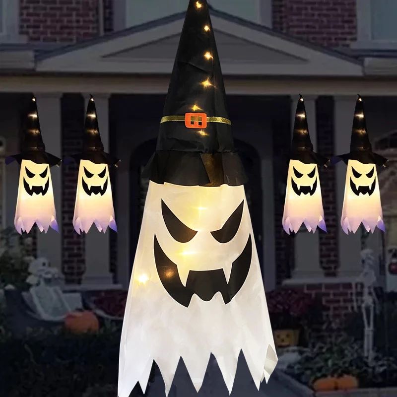 

45-80CM LED Halloween Decoration Flashing Light Gypsophila Ghost Festival Dress Up Glowing Wizard Ghost Hat Lamp Hanging Decor