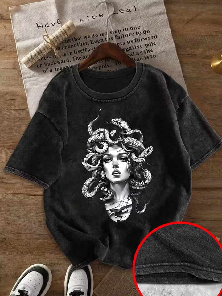 Fashionable Women'S Loose Short-Sleeve T-Shirt with The Snakehead Medusa Print Design Round-neck casual clothing Lady's T-shirt
