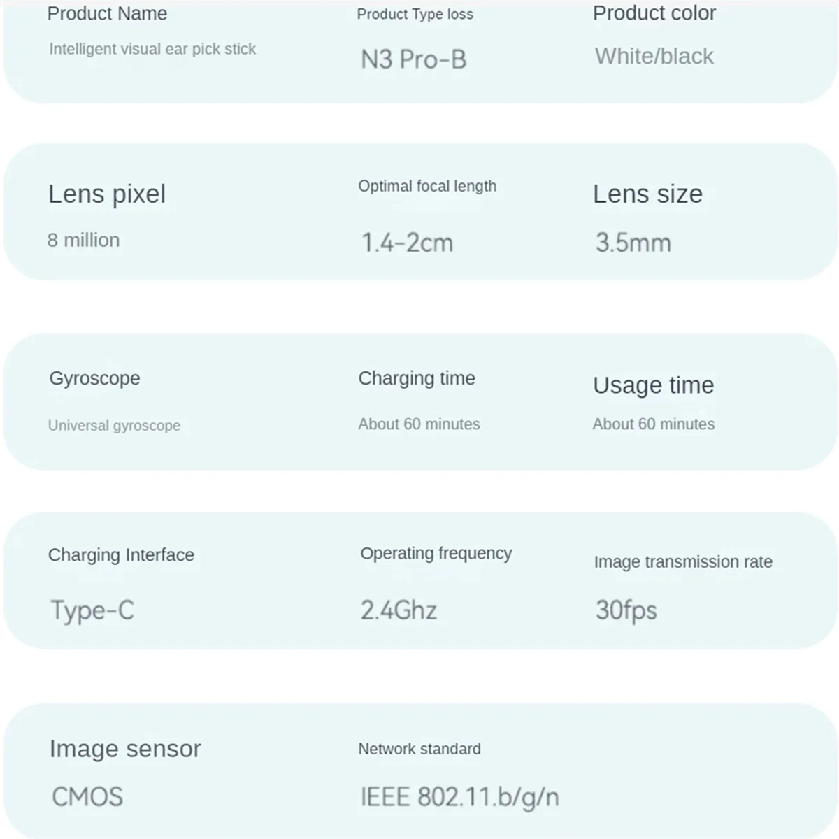 ABUY 귀지 제거제, 귀 청소 키트(귀이개 6개 포함), 귀 청소 검이경 귀 카메라(검은색)