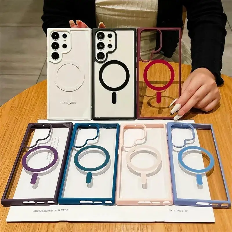 Frosted Frame Magnetic Magsafe Cases For Samsung GalaxyS25 S24 S23 S22 Ultra Wireless Charging Acrylic Bumper Cell Phone Cover