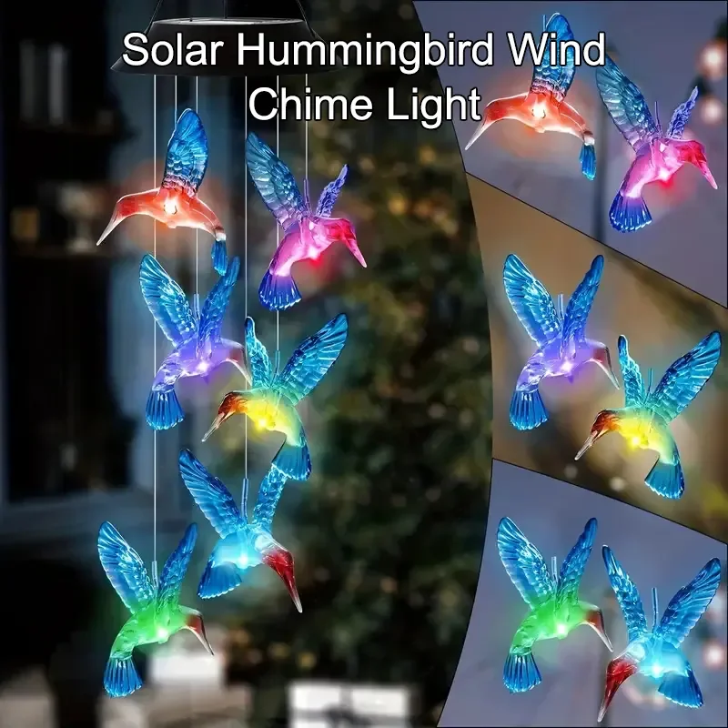 Solar Garden Lights 1PC Colorful Gradient Garden LED Wind Chimes Decorated Hummingbird Landscape Atmosphere