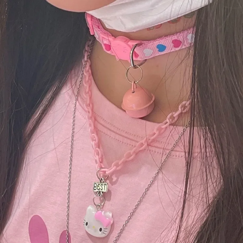 Women Jewelry Lolita Girls Cute Cartoon Heart Print Bell Necklace Adjustable Collars JK Uniform Kawaii Chokers Punk Torques