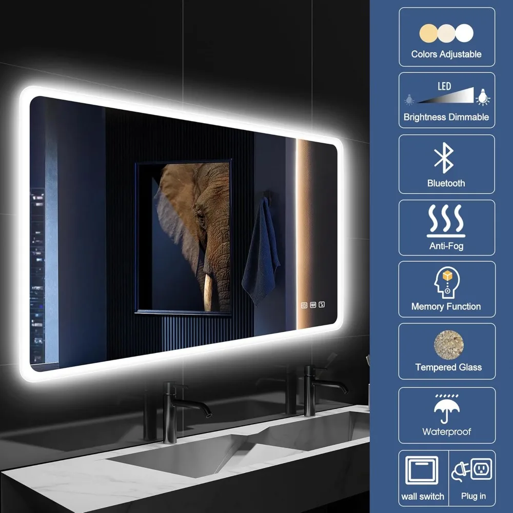 40 "x28" led bathroom mirror, wall-mounted Bluetooth speaker, anti-fog, 3 color temperature,adjustable brightness,tempered glass