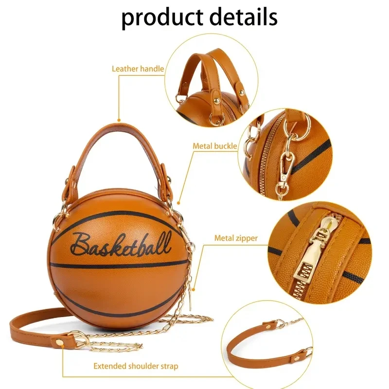 Shoulder Bag Women PU Leather Chain Basketball Letter Print Teenagers Handbag Crossbody