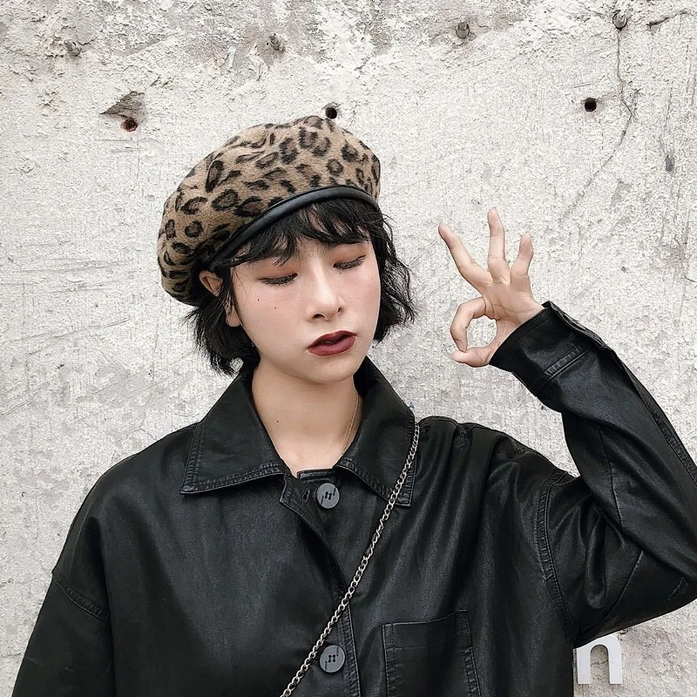 Leopard Berets Warm Winter Women Beret Braided Knit Hook Hat