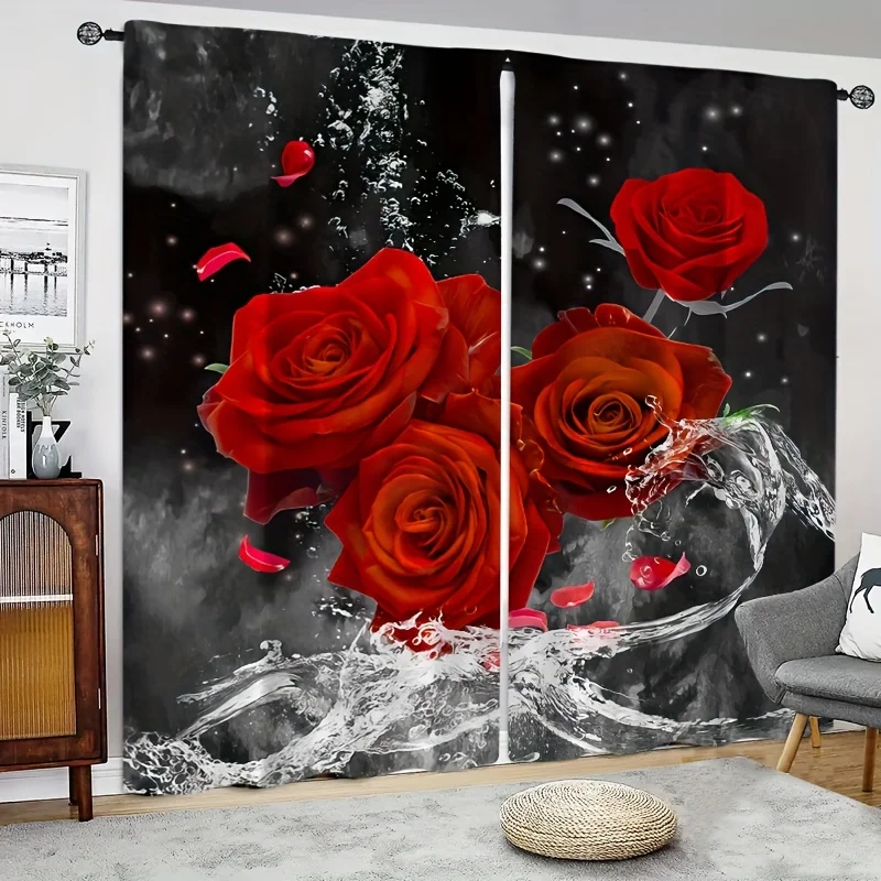 

2panels Blooming Roses Printed Curtain, For Bedroom Office Kitchen Living Room Study Home Decor