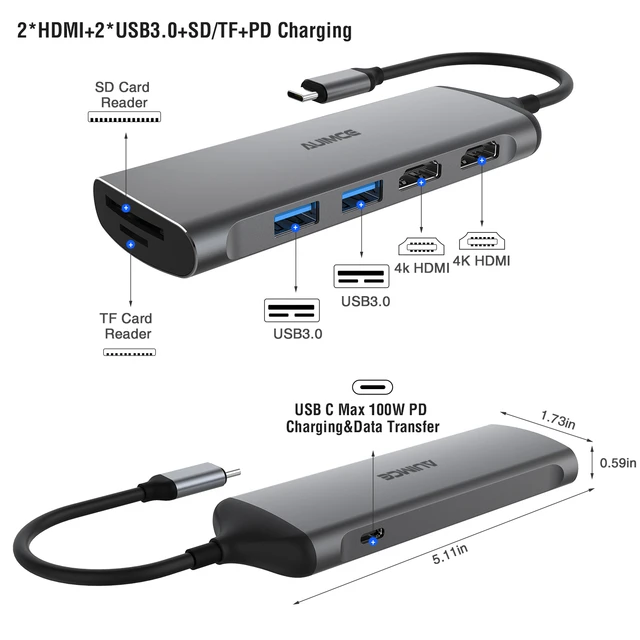 UGREEN USB C Docking Station, Type C Dongle with 4K@60Hz HDMI Port, Gigabit  Ethernet, 2 USB 3.0 Ports, 100W Power Delivery, SD/TF Card Reader, USB C