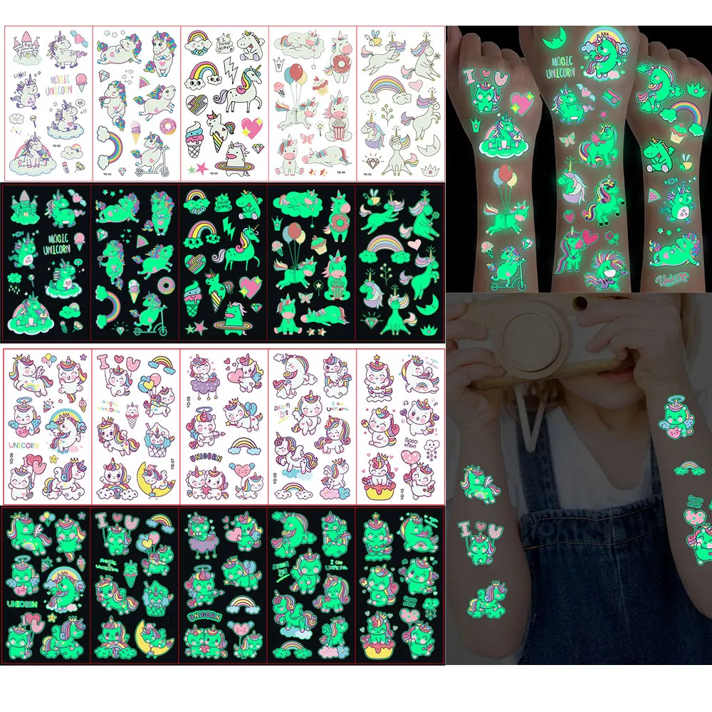 Tattoo sticker 5pcs/Set Luminous Kids Temporary Colorful Animal Mermaid Dinosaur Unicorn Space Cute for Children