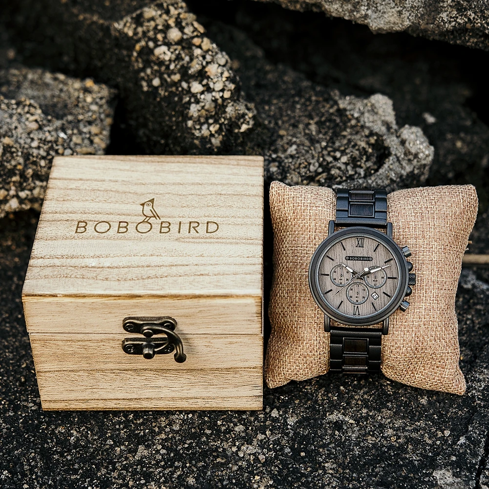BOBO BIRD Wooden Watch Men Military Quartz Watches Luxury Stylish Wood Timepieces Chronograph Personalized Engraved Gift Box 4