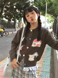 Kawaii Cartoon Jacquard Knit Cardigan Sweater - Fashion Chic Women's Cropped Loose Outerwear - One Size (As picture)
