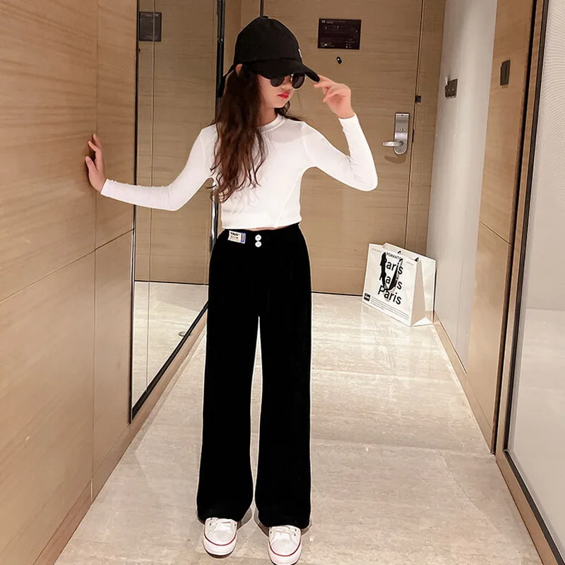 Children\'s Pants 2024 Spring Autumn Teen Girls Wide Leg Pants Kids Clothing Casual Loose Girls Chenille Trousers