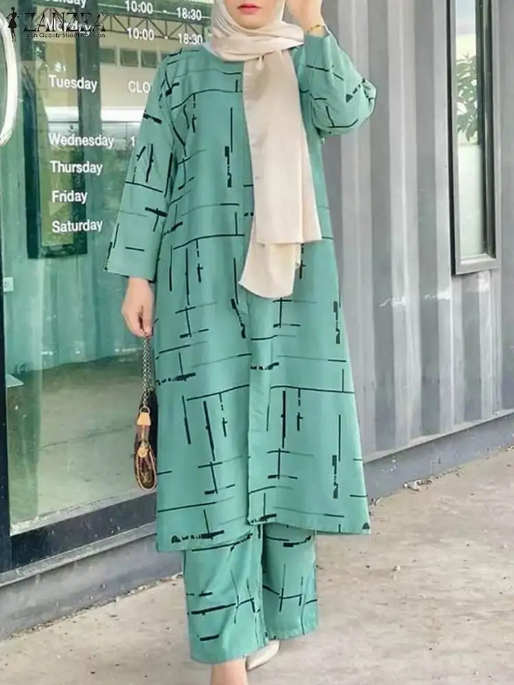 ZANZEA Muslim Summer Women Floral Printing Set Full Sleeve O-Neck Turkey Blouse Fashion Loose Elegant Ankle Length Wide Leg Pant