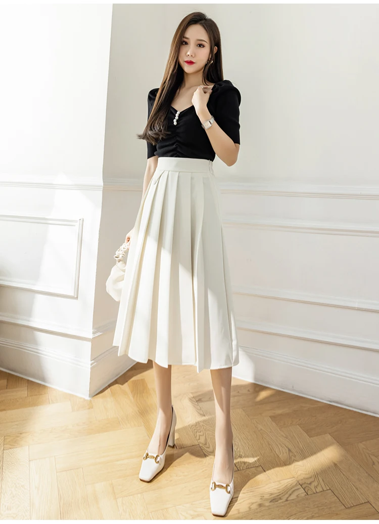 2022 Spring Summer Women's Elegant Pleated Suit Skirts High Waist Fashion Office Ladies Elastic Waist A-line Midi Skirt Vintage brown skirt