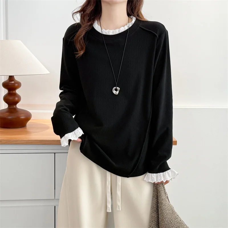 XXXXL Fashion Plus Size Women's T-Shirt Autumn And Winter New Style Lace Patchwork Long Sleeved Base Warm Inner Top 823