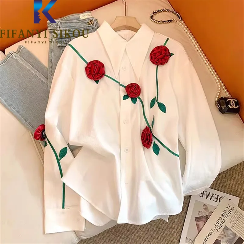 

Женская Повседневная Блузка с длинным рукавом, белая Свободная рубашка с трехмерным украшением в виде розы, с отложным воротником, весна 2024