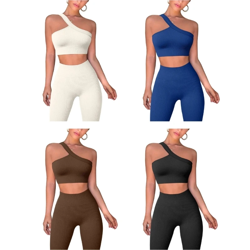 

2 Piece Workout Set for Women One Shoulder Ribbed Knit Sport Bras Crop Top Traceless High Waist Leggings Exercise Outfit
