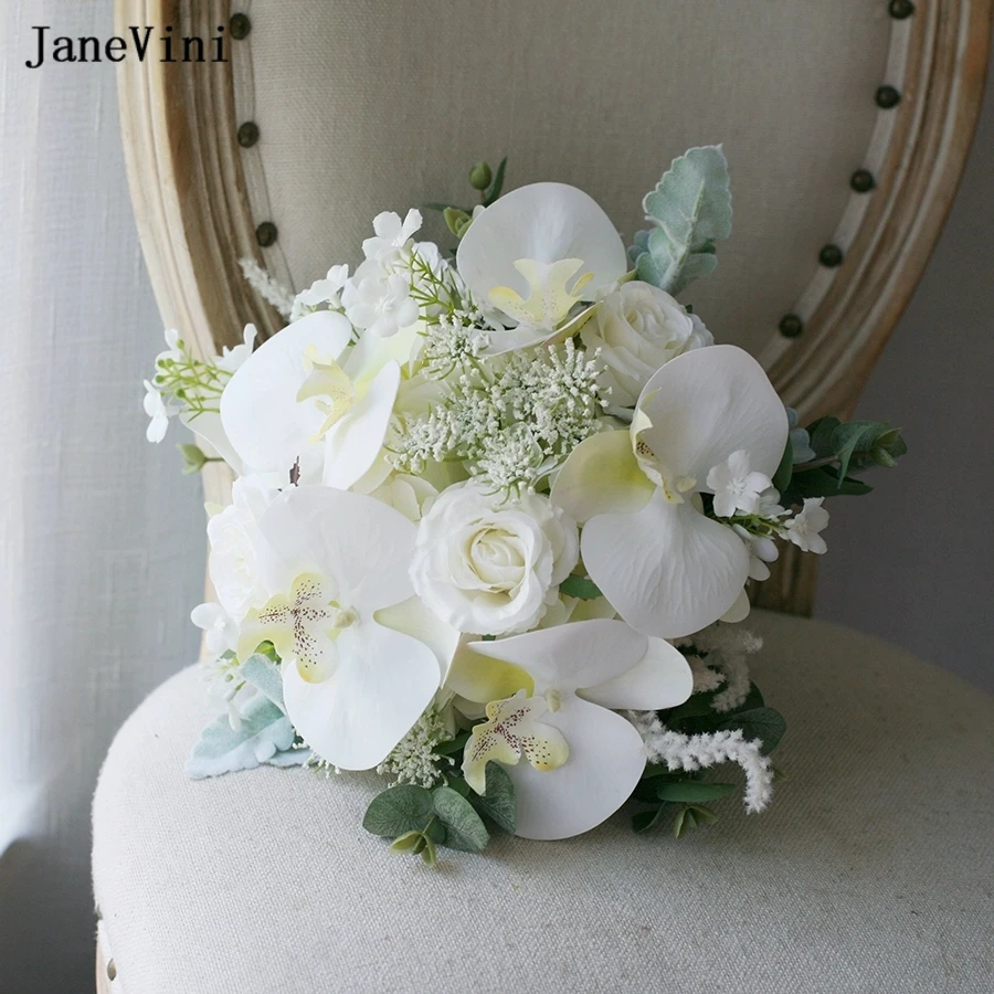 JaneVini Elegant Korean Bridal Bridesmaid Bouquets Handmade Silk Roses White Flowers Fake Bouquet Bride Wedding Accessories