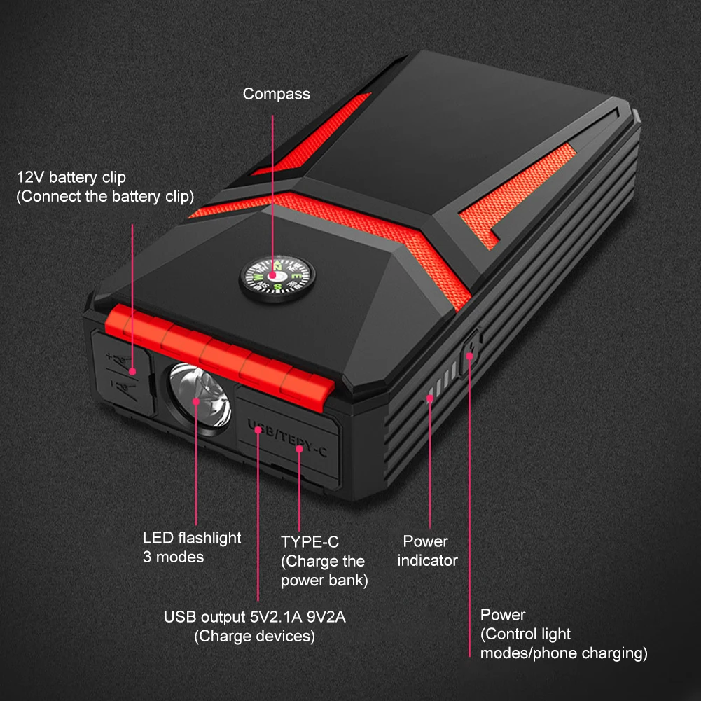 Car Battery Jump Starter 30000mAh Portable Power Bank Battery Booster With LED Flashlight Emergency Starter For Gasoline Diesel battery jump starter