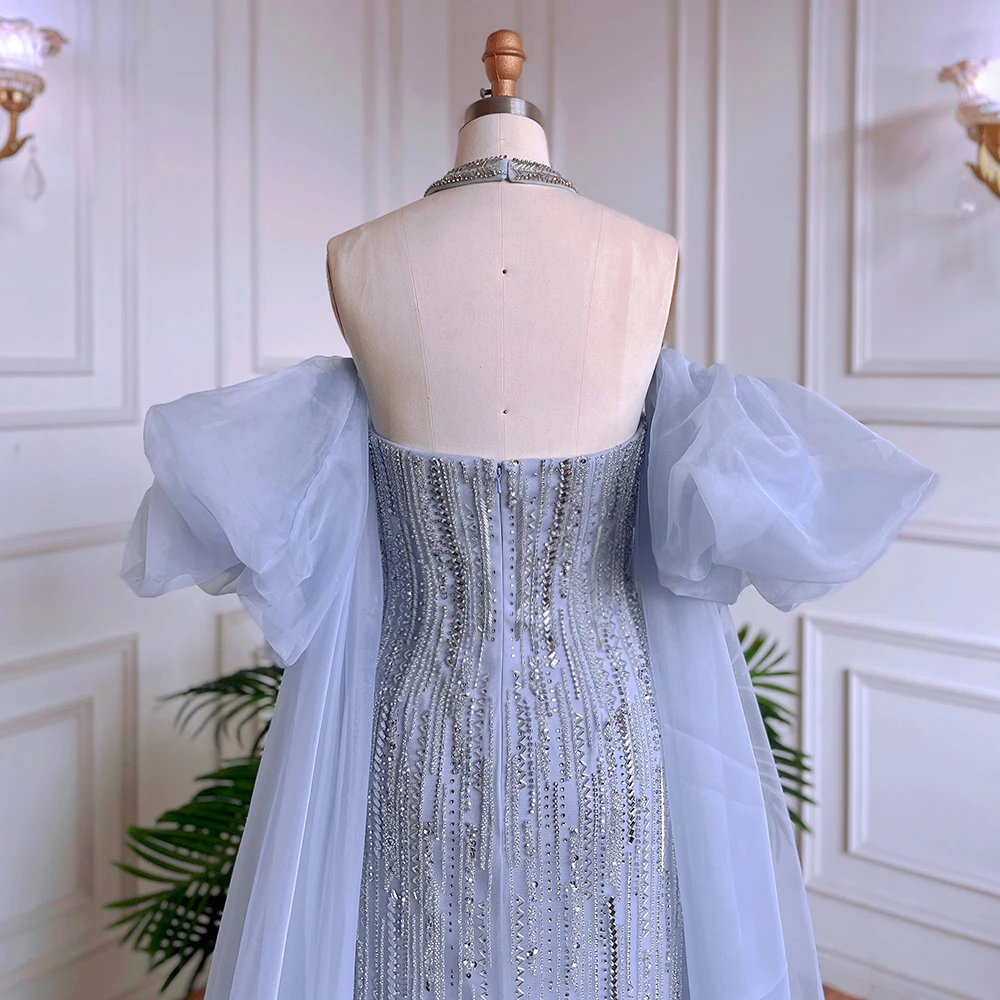 S065198fcf2334a119d40d4ade8a3a714u Blue Sexy Strapless Mermaid Sparkly Puff Sleeves Crystal Beaded Evening Dresses Gowns For Women Party Mallzona