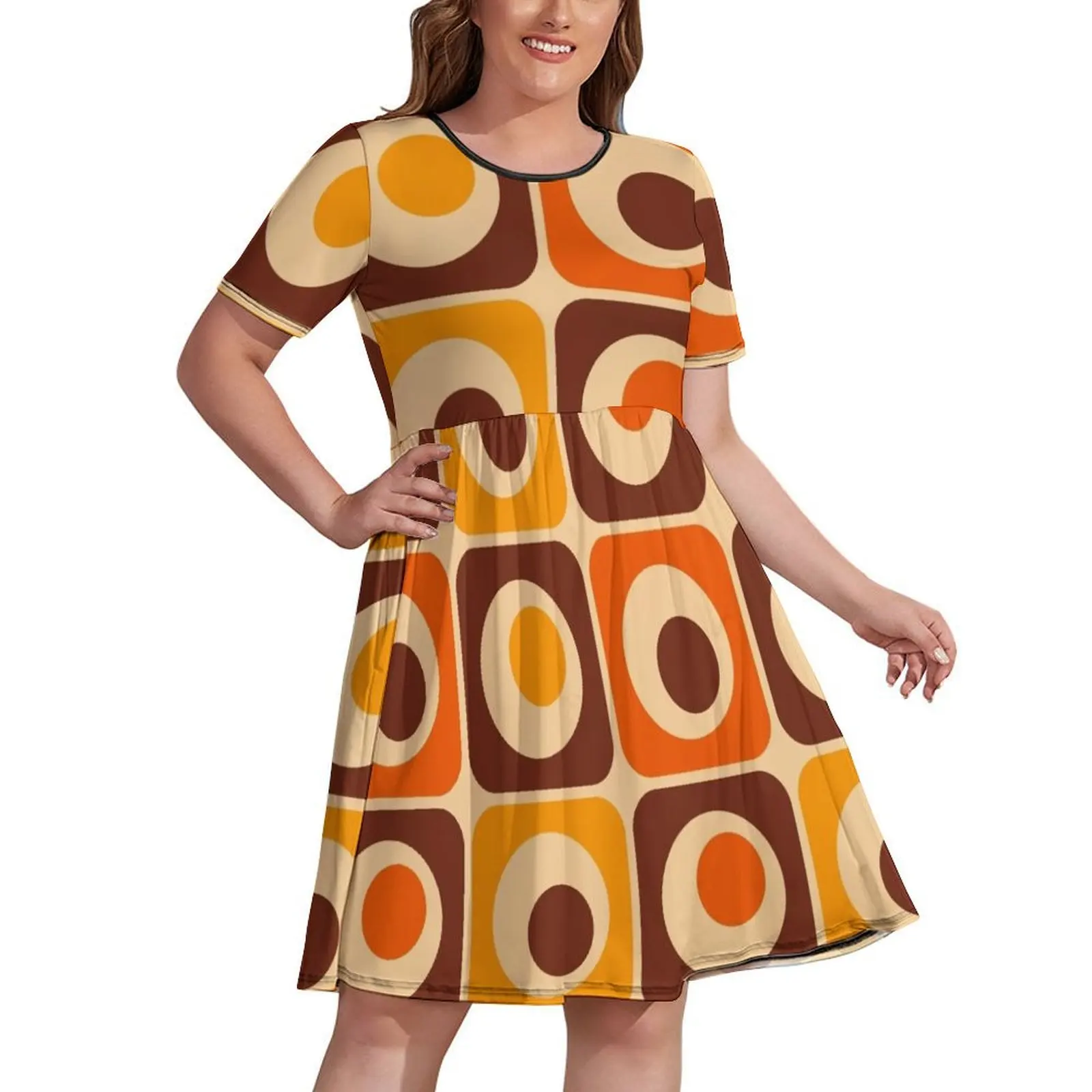 

70s Retro Vintage Style Geometric Pattern Orange Brown and Yellow Dress womens dress elegant dresses plus sizes